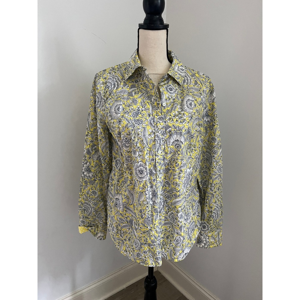 Talbots Floral Cotton Button Down Shirt size Medium Yellow Printed Preppy Blouse